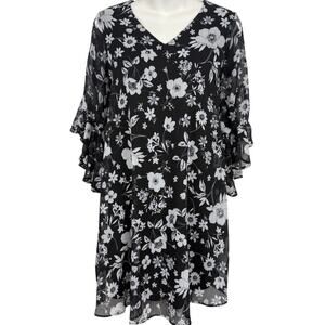 Calvin Klein Womens Black White Floral Flare Bell Sleeve NWT Dress sz 4P Petite